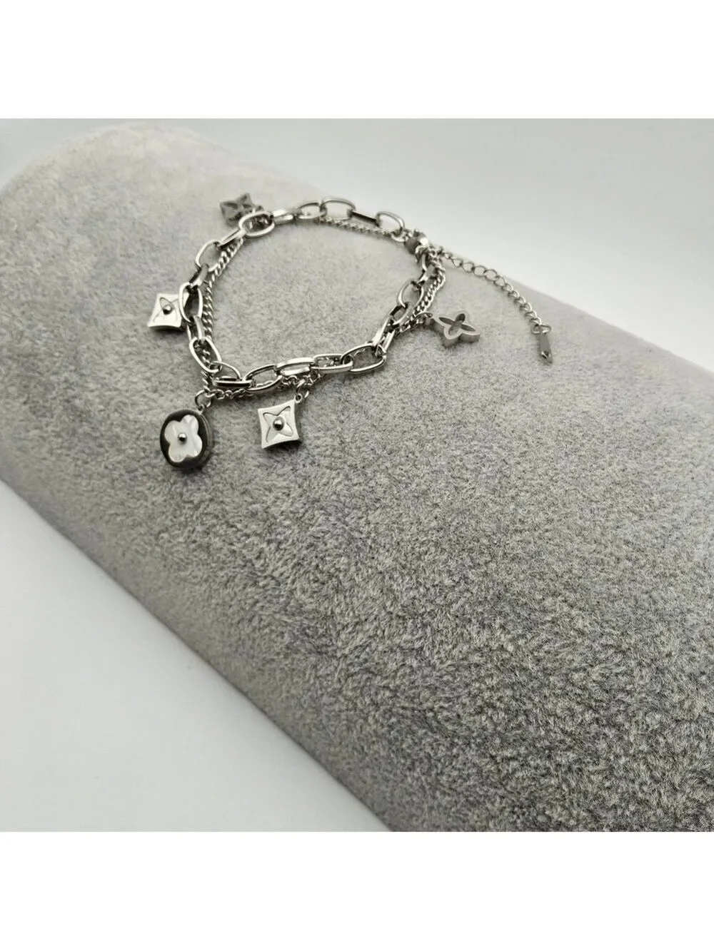 Pearl White Star Clover Charm Dual Chain Silver Toned Stainless Steel Bracelet